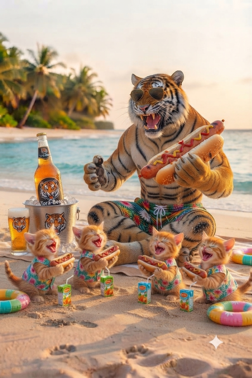 ビーチの日に寅と子猫たちがホットドッグを食べる楽しい海辺の時間