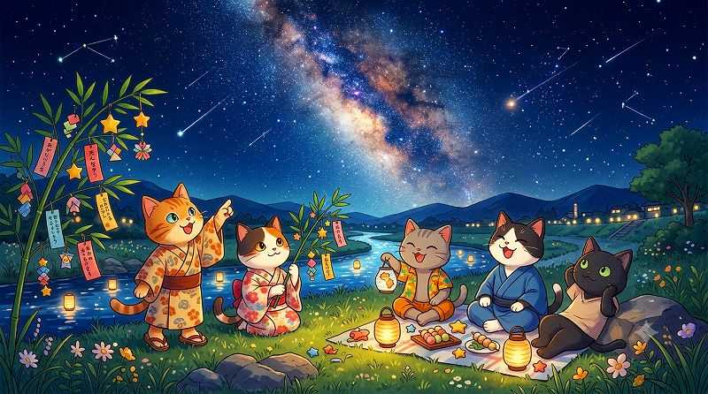 七月七日はお星さまがきらきら輝く七夕にゃ。