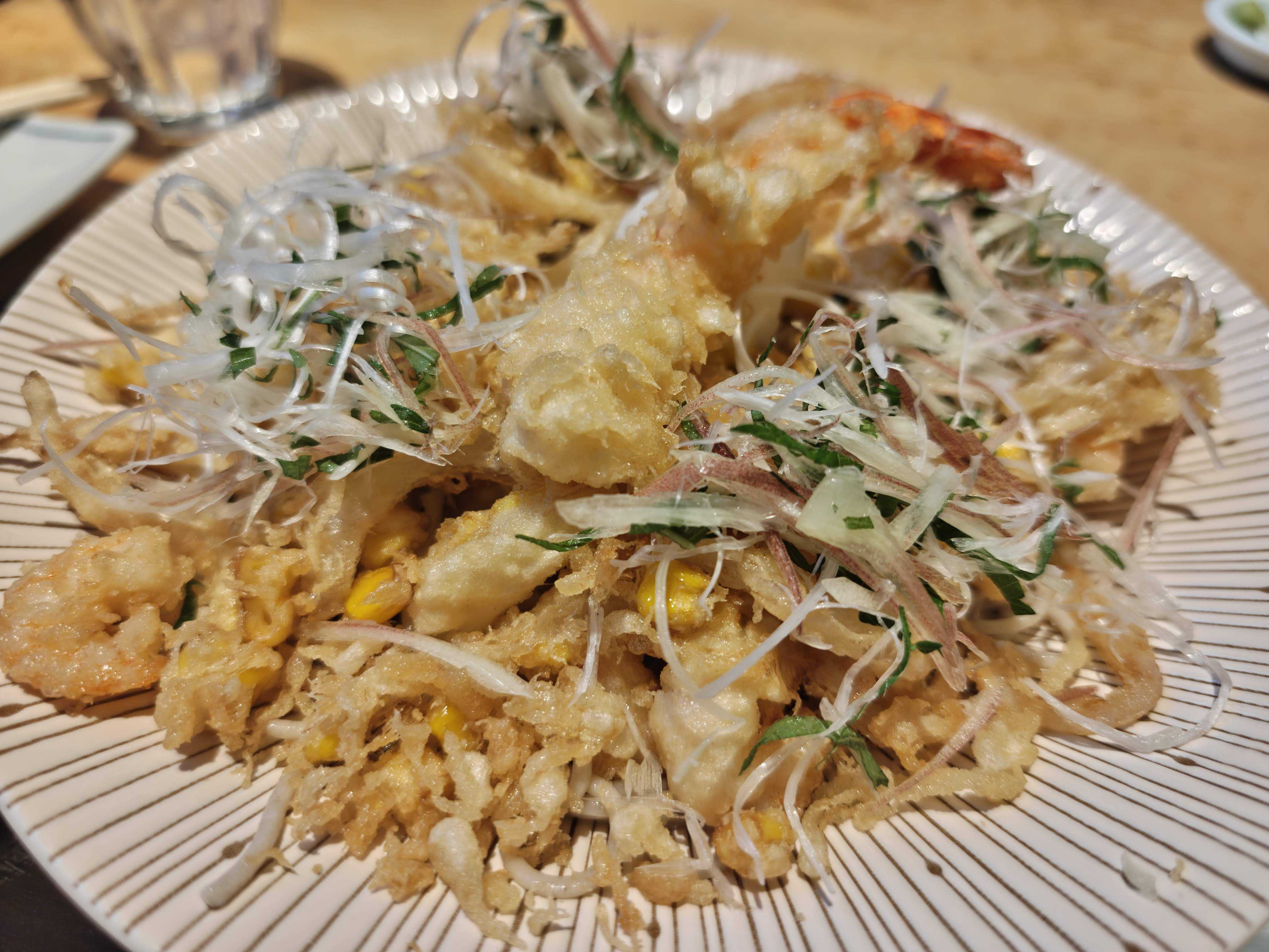 東京駅　子連れ夕食　ソバキチ　とうもろこしと芝海老と新生姜の天ばら ぶっかけ蕎麦