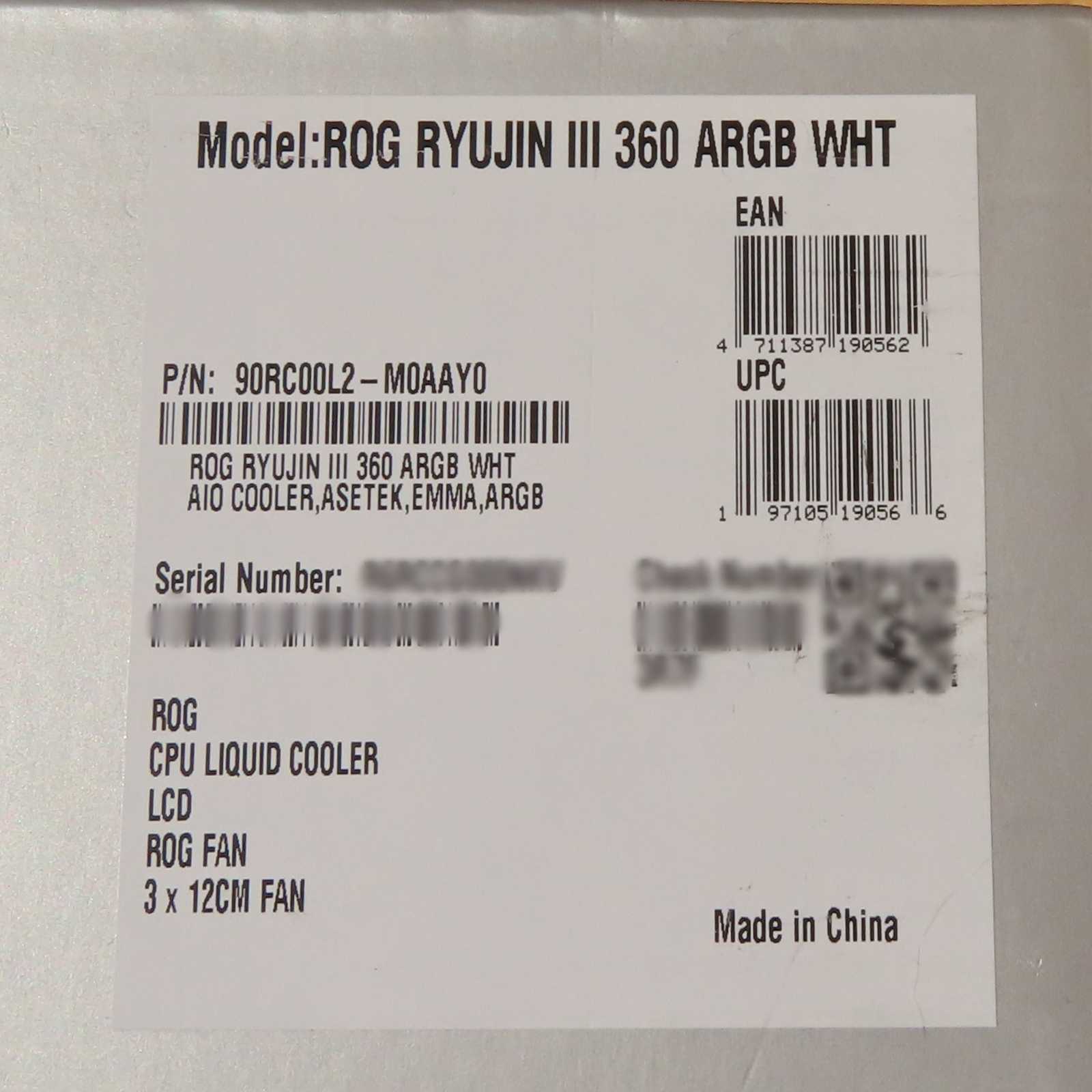 ASUS ROG Ryujin III 360 ARGB WHT 型番シール