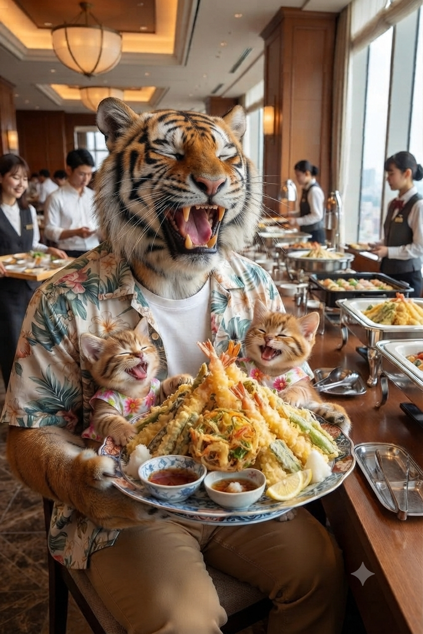 ホテルのバイキングで天ぷらを食べた翌日、寅パパの手作り天ぷらに大笑いする子猫たちのイラスト