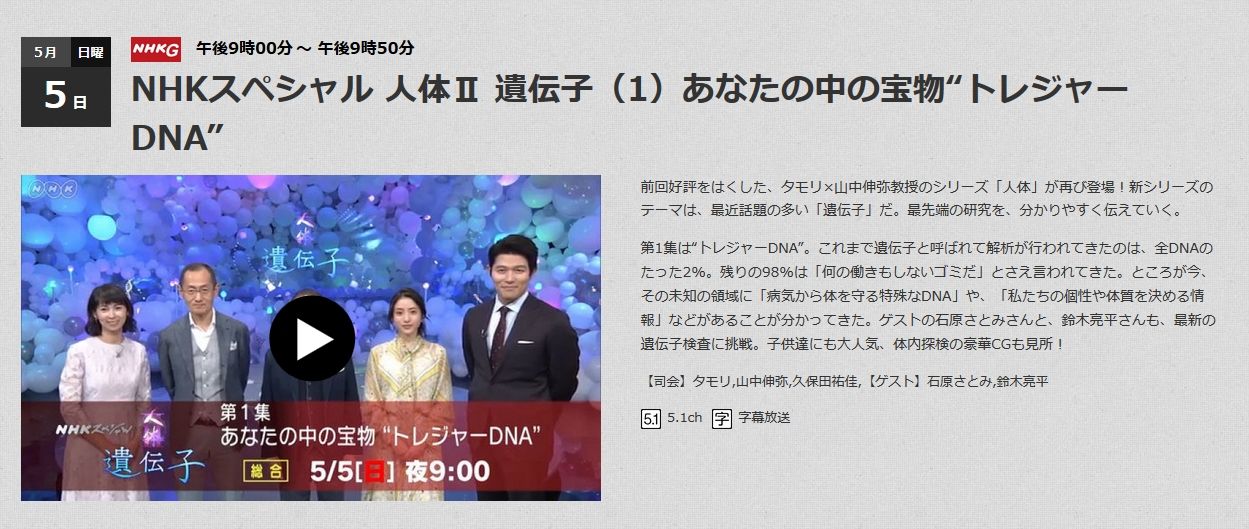 NHKスペシャル 人体Ⅱ 遺伝子（1）あなたの中の宝物“トレジャーDNA