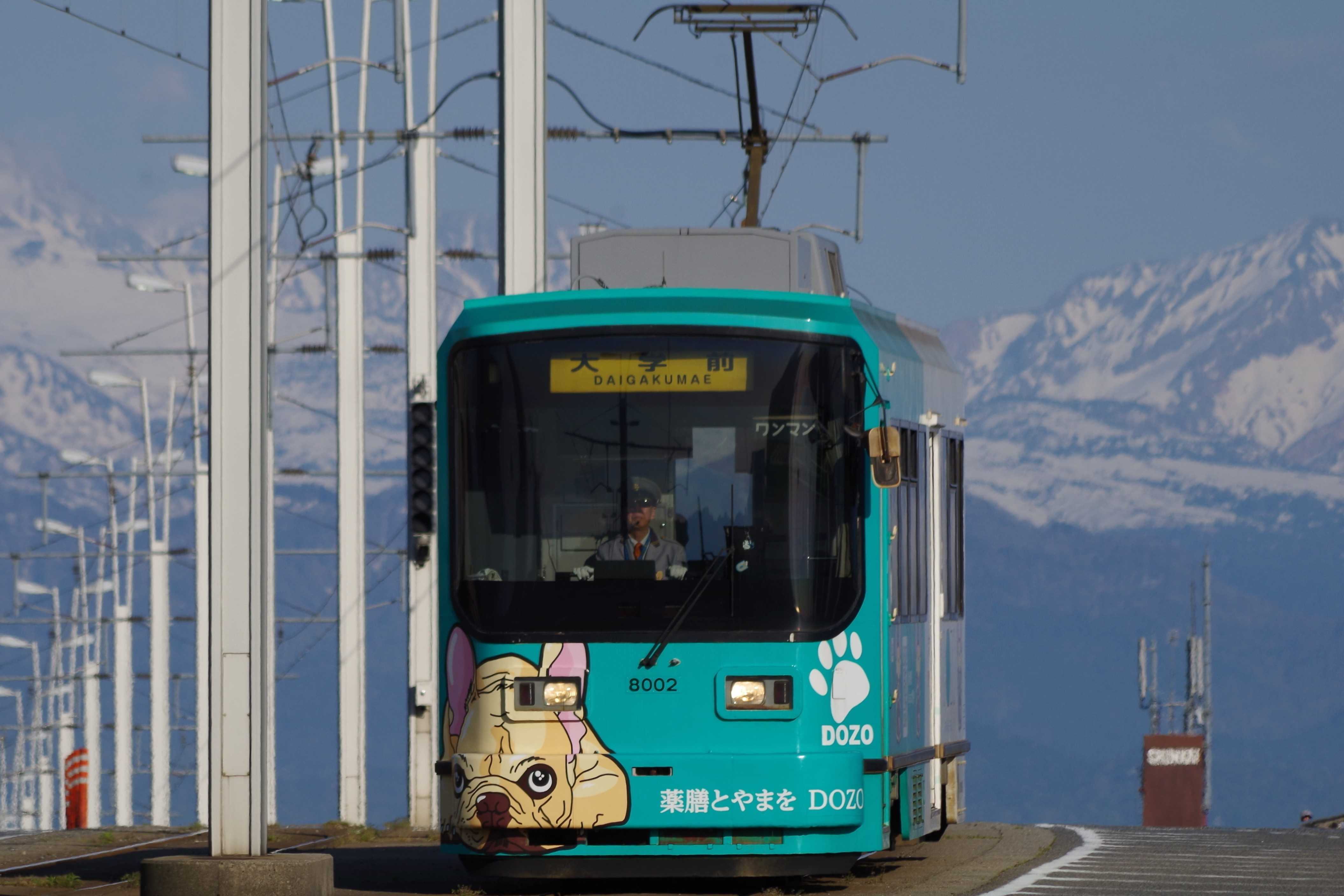 路面電車の後ろに、雄大な立山連峰を望む。