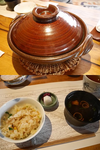 韻松亭　上野　豆富ゆば会席　ランチ　鶏そぼろともろこし御飯