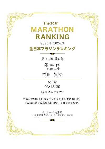 2023年度全日本マラソンランキング記録証