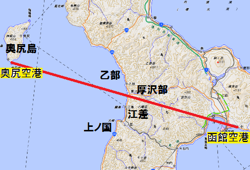 函館～奥尻の飛行経路（大まかなイメージです。）