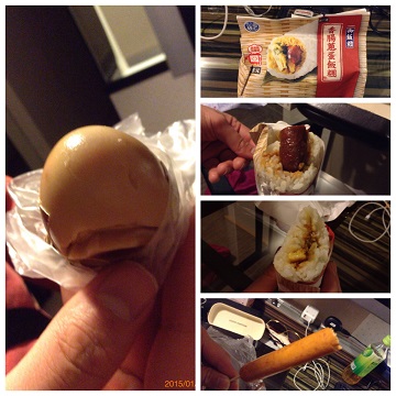 2015.01.01 ｺﾝﾋﾞﾆにて煮卵・ｿｰｾｰｼﾞにぎり・ﾎｯﾄﾄﾞｯｸのｿｰｾｰｼﾞのみ