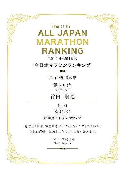 2014年度全日本マラソンランキング記録証