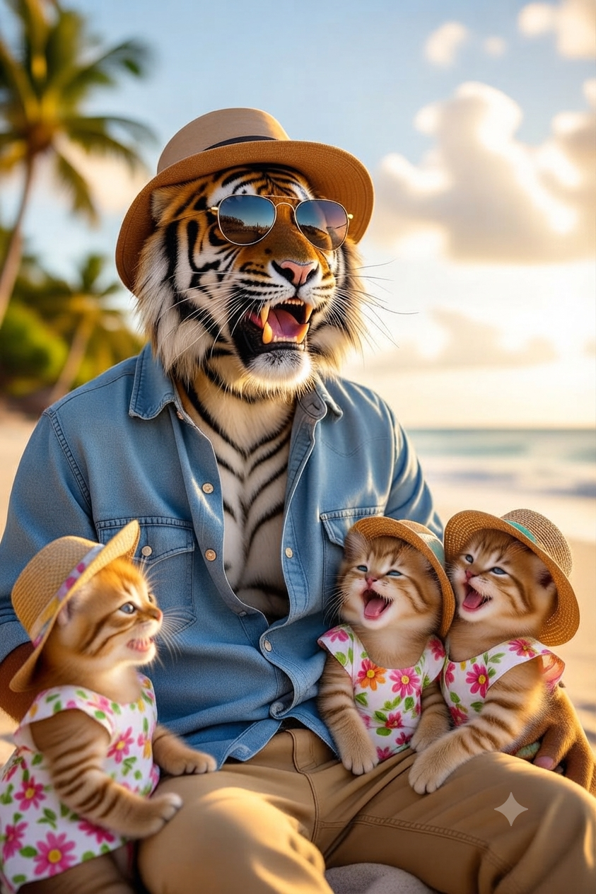 海の日の夕暮れ、海辺で夕日を眺めながらゆったり過ごす寅パパと子猫たち。夏の思い出を感じる癒やしの風景。
