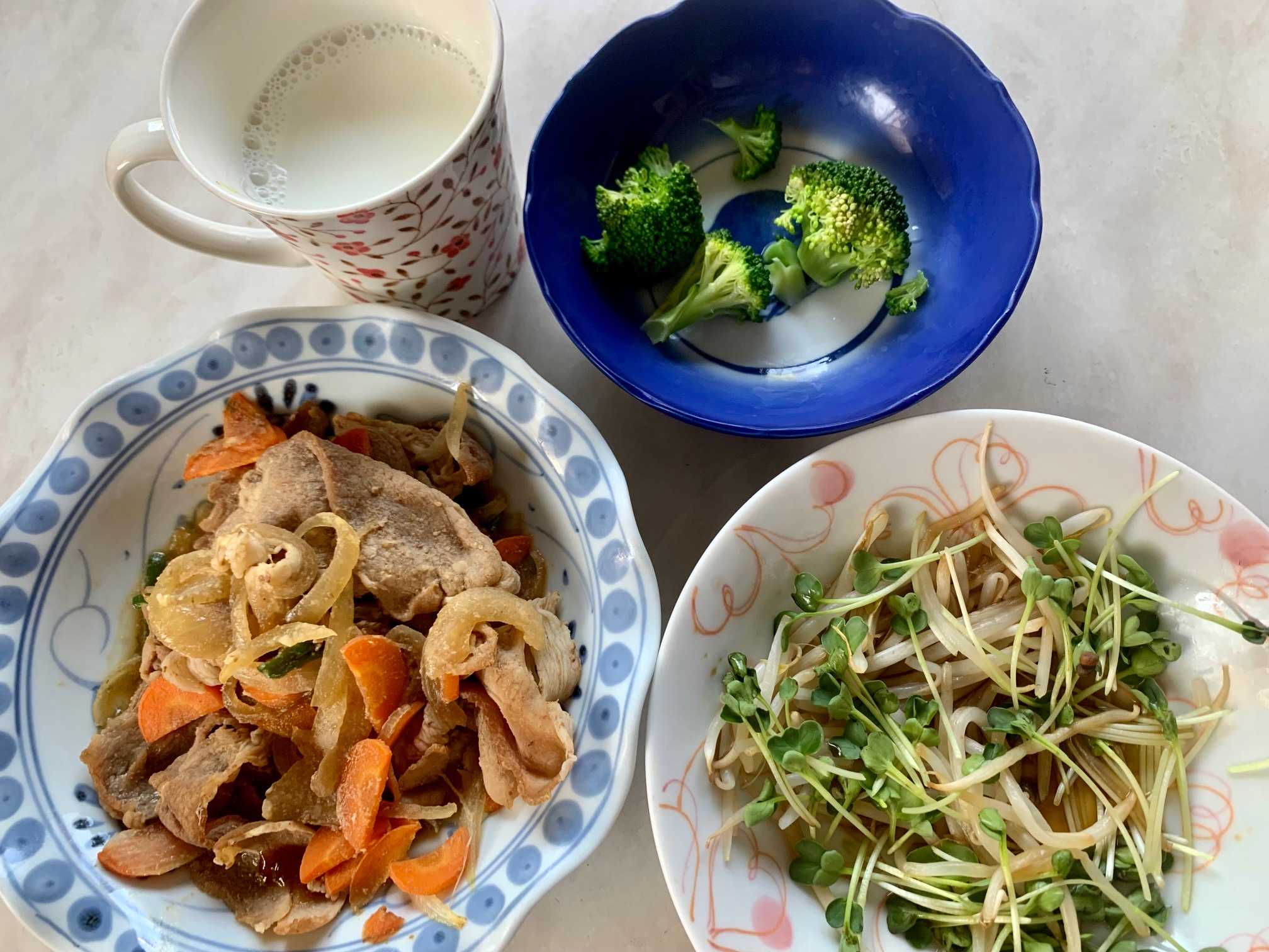 朝食は 豚 玉ねぎ 人参 ピーマン炒め 蒸しブロッコリー マヨネーズ もやし カイワレ菜 ポン酢 牛乳 Music Land 私の庭の花たち 楽天ブログ