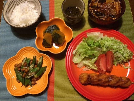 2015.07.24うす?らフライ＆オクラと大豆のハ?ター醤油＆かほ?ちゃ甘煮＆もす?く酢4.jpg