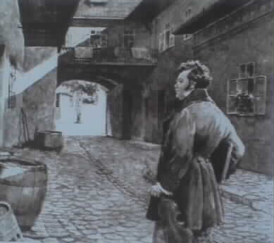 Schubert生家の中庭に立つ