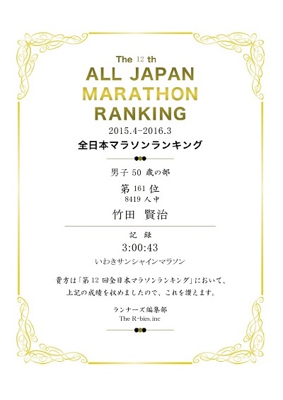2015年度全日本マラソンランキング記録証