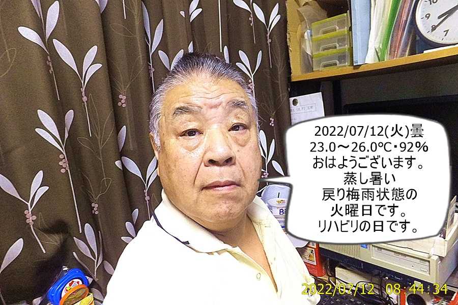 2022/07/12(火)曇 23.0～26.0℃・92％ おはようございます。 蒸し暑い 戻り梅雨状態の 火曜日です。 リハビリの日です