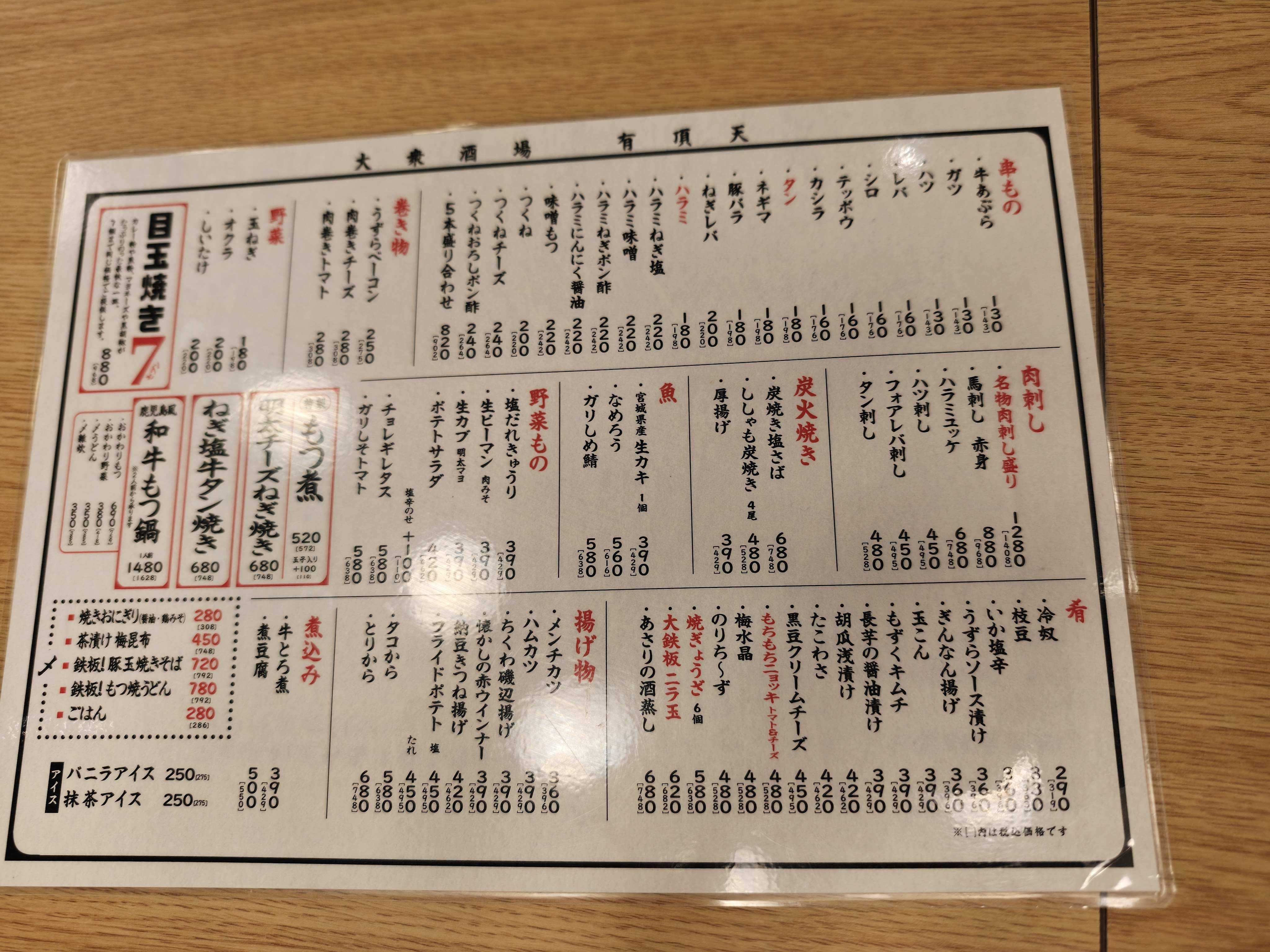 イオンモール津田沼サウス　大衆酒場 有頂天　　来連れ夕食　メニュー