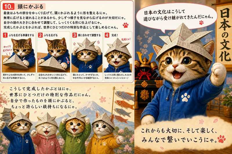 にゃんこ先生とつくる新聞紙かぶと