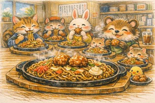 唐揚げをトッピングした焼きそば