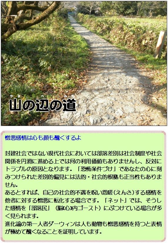 憎悪感情は心も顔も醜くするよ<br /><br />封建社会ではない現代社会においては部落差別は社会制度や社会関係を円滑に進める上では何の利用価値もありませんし、反対にトラブルの原因となります。「恐怖条件づけ」であなたの心に刻みつけられた差別的偏見には法的・社会的根拠も正当性もありません。<br />あるとすれば、自己の社会的不遇を呪い怨嗟(えんさ)する感情を他者に対する憎悪に転化する場合です。「ネット」では、そうした感情を「部落民」(脳(心)内ゴースト)にぶつけている場合が多く見られます。<br />進化論の第一人者ダーウィンは人も動物も憎悪感情を持つと表情が極めて醜くなることを証明しています。<br />