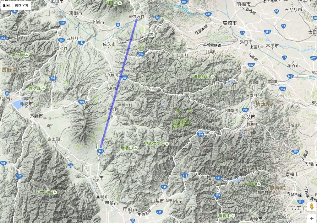 軽井沢から清里牧場航空距離