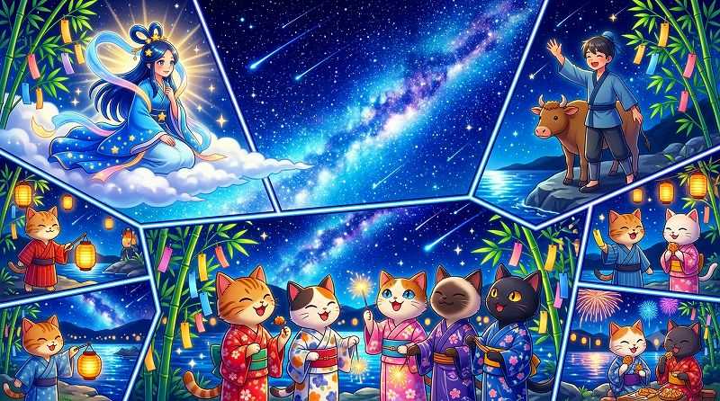 七月七日はお星さまがきらきら輝く七夕にゃ。