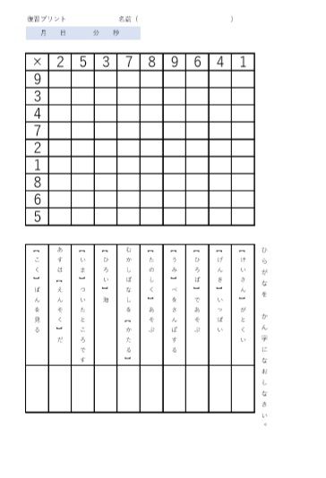 復習プリント 九九9 9マス計算 漢字10問 を作成 おっくうの教材作成日記 楽天ブログ