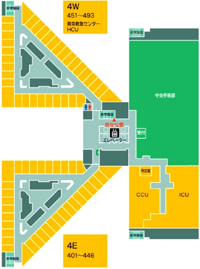 4階の見取り図　白い矢印が病室、赤矢印がカメラアングル。.jpg