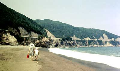 海浜を散歩する妻と長男