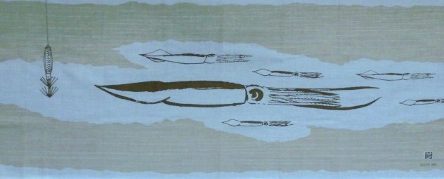 いか墨染め手ぬぐい　イカ釣り