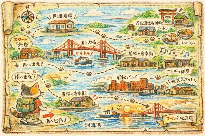 AIさんが描いた若松区のレトロ旅イメージ