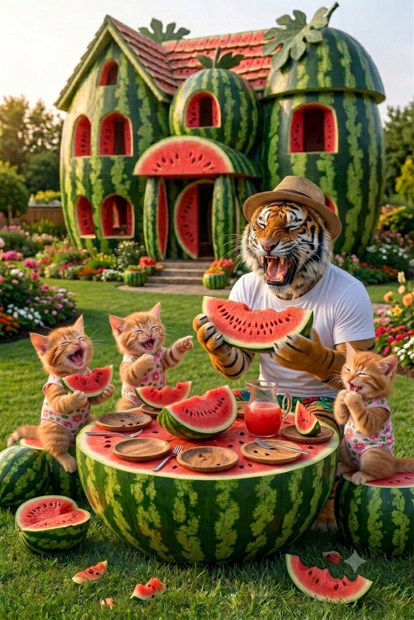 寅パパと子猫たちがスイカの日に仲良くスイカを食べるイラスト