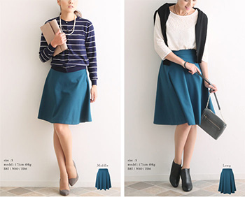 フレアスカート ミモレ丈 ひざ丈 バックファスナー