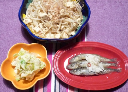 2014.04.16もやしと豆腐炒め＆そら豆ホ?テサラ＆ししゃも南蛮4.jpg