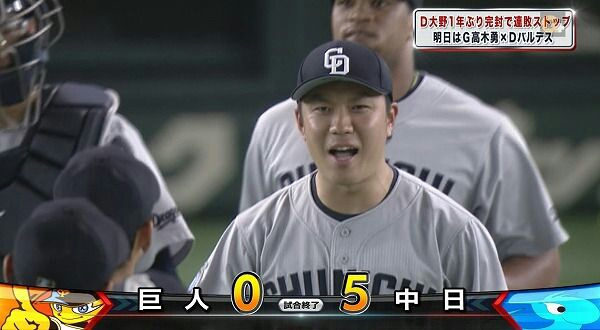 大野雄大巨人完封１