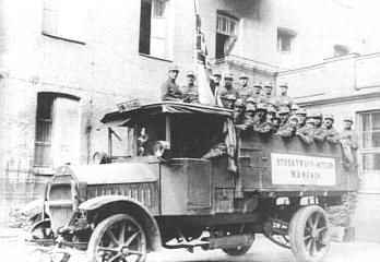 The fledgling Stosstruppe Adolf Hitler in 1923 prior to the November Putsch Note the Imperial flag.jpg