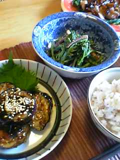 ナスのシギ焼きと大根菜とイカの胡麻和え