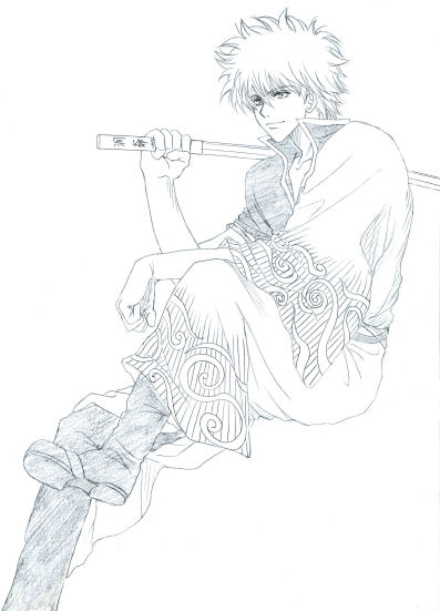 昔絵の銀さん絵と同じく、右足が途中でちょん切れてます。紙のサイズとキャラ絵の目測を思いっきり見誤ってるわけですが、その点に関して言えば、２年たっても、一向に成長してないってことで（笑）ちなみに、クリックで黒川千春さんに色塗りしていただいたイラストに飛びます♪