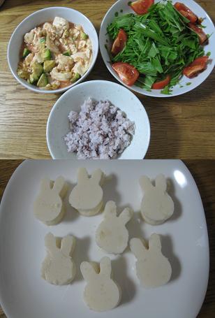 ６月５日の夕飯だよ。アボカドウフとミッフィーかん