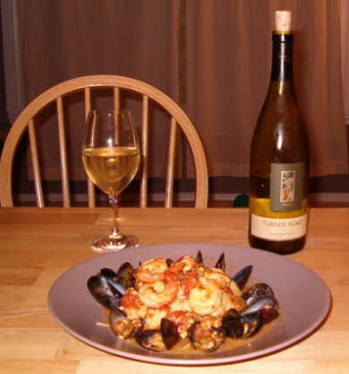 seafood pasta and wine