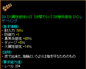 DX[火属性抵抗Lv2(14%)][攻撃力Lv1(5%)][状態系抵抗 DX(65%)]レザーリング