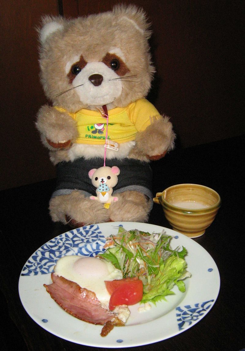 4日目の朝食－目玉焼きとベーコン、サラダ