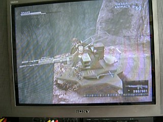 メタルギアソリッド３サブシスタンス、クラスノゴリエにて。対空砲にスネークがめり込んでいます（笑）