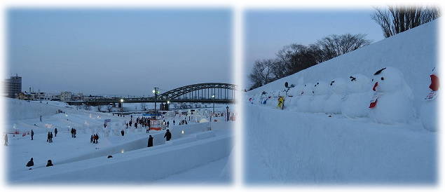 会場に人がちらほら、雪だるまが少し融けて補修中？