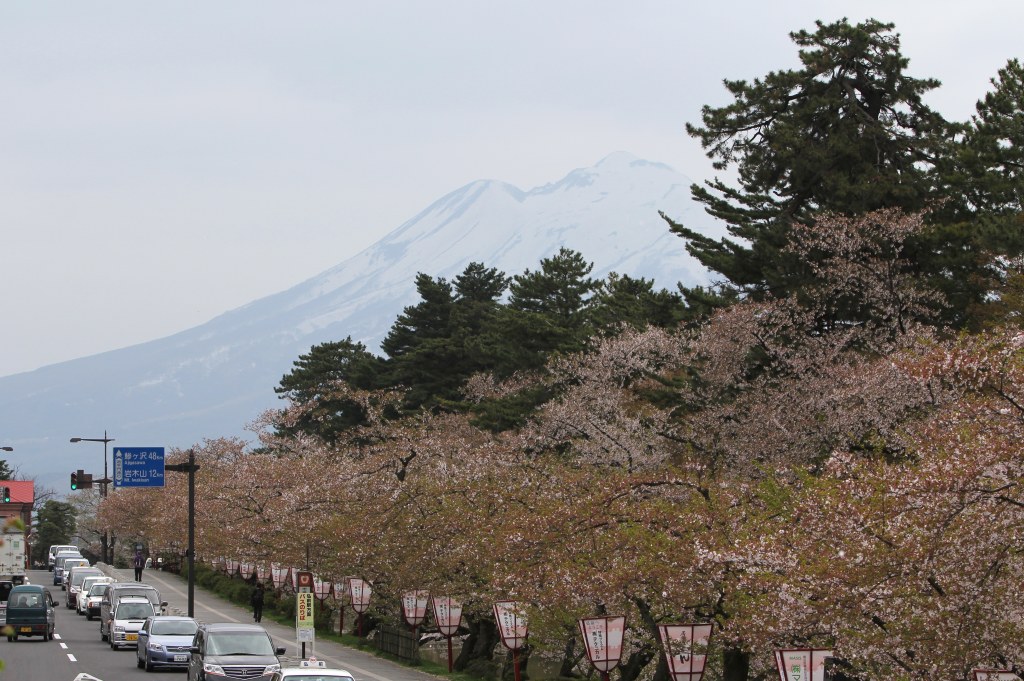 お堀越しの岩木山