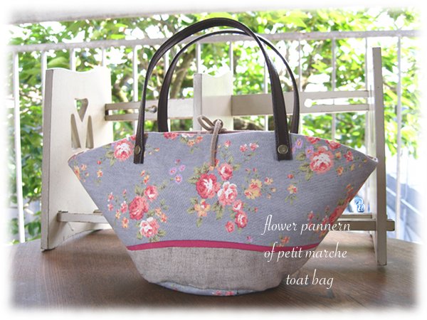 ピンク花柄グレーのリネンマルシェバッグ