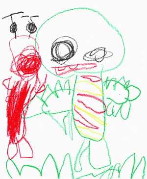 娘の描いたガチャピンとムック