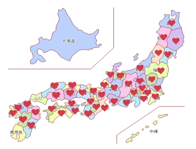 日本地図47都道府県制覇！！(現在43都府県) 2008-08-26 現在。