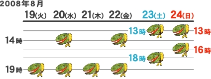 ●19日(火)昼なし 夜19時～  ●20日(水)昼14時～ 夜19時～  ●21日(木)昼なし 夜19時～  ●22日(金)昼14時～ 夜19時～  ●23日(土)昼13時～ 夜18時～  ●24日(日)昼13時～ 夜16時～