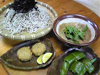 ざる蕎麦＆ごまダレ、しんじょ、万願寺とうがらし