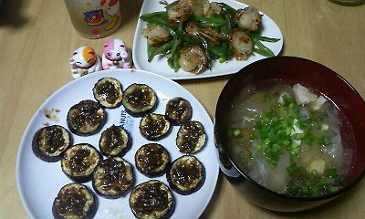 鶏肉と大根麺・茄子のシソ味噌田楽・インゲンとホタテのバターいため.jpg