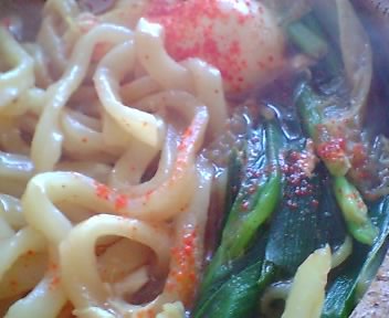 ニラ入り味噌煮込みうどんです